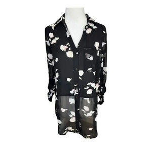 Candie's Women's‎ Sheer Floral Button-Up Blouse Black Size Small